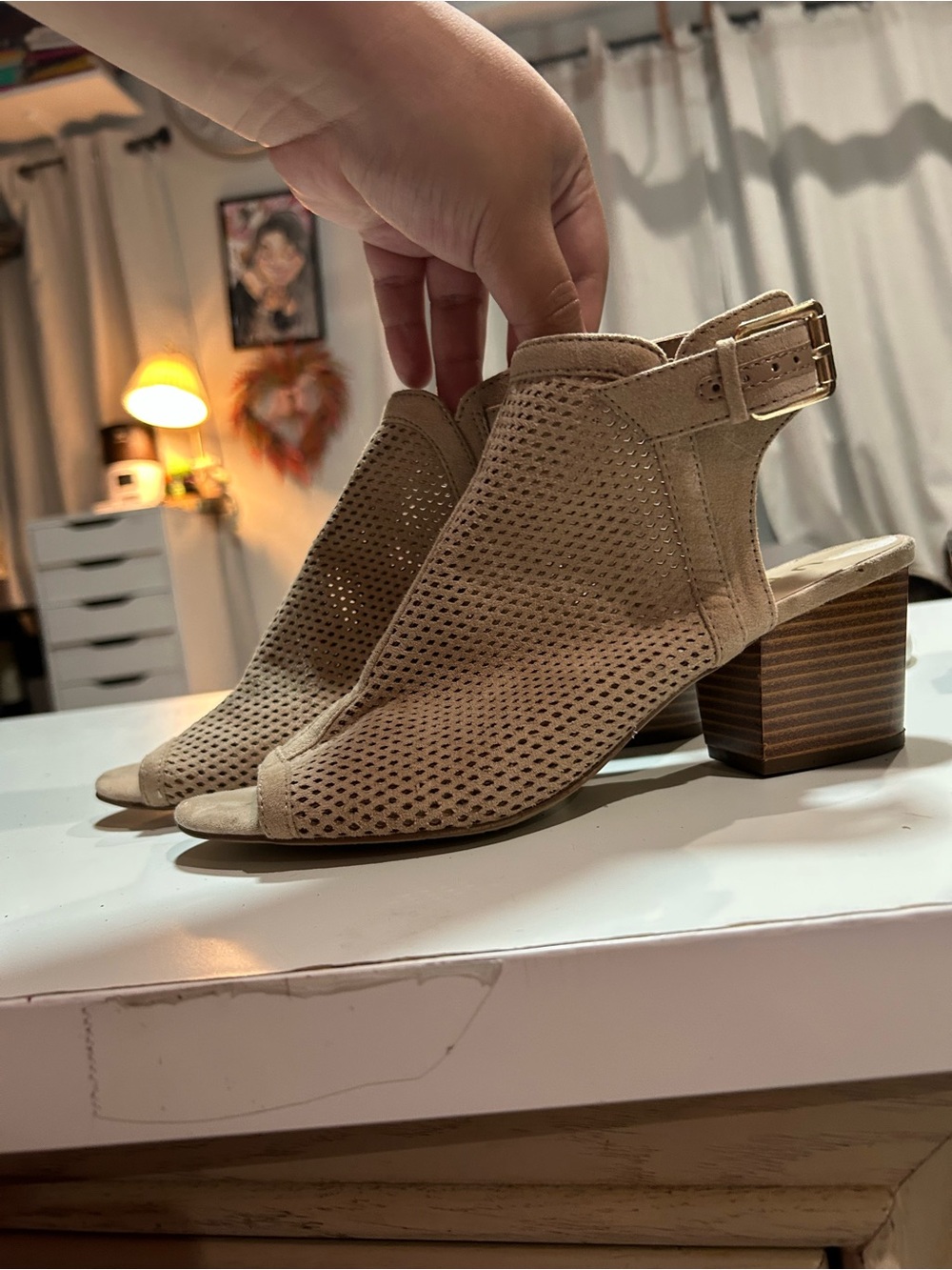 Unisa Beige Perforated Peep-Toe Slingback Block Heel Boots